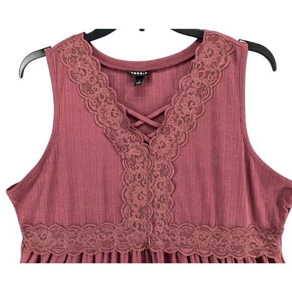 Torrid Babydoll Top Womens 1XL Dusty Rose Textured Jersey Lace Up V Neck Boho - Picture 4 of 14